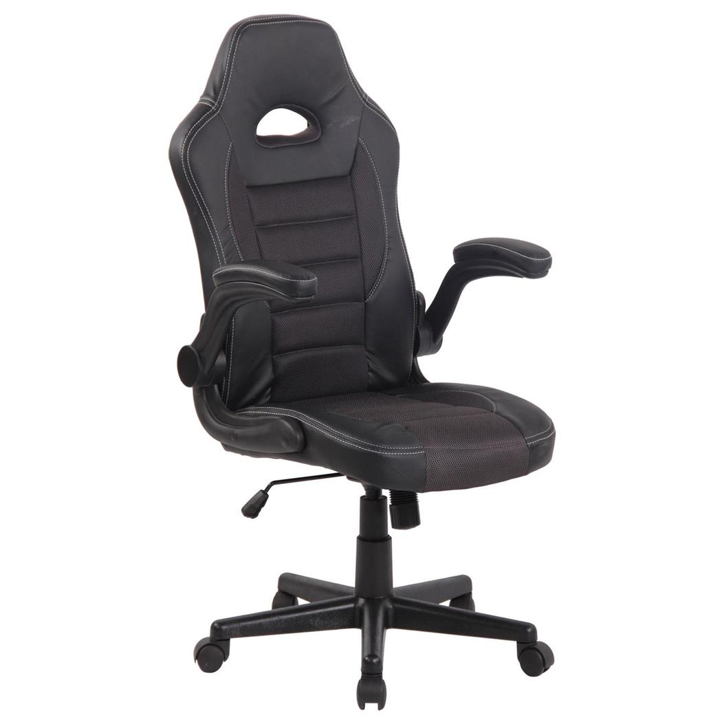 Gamingstuhl LOTUS, klappbare Armlehnen, Leder und atmungsaktiver Netzbezug, Farbe Grau
