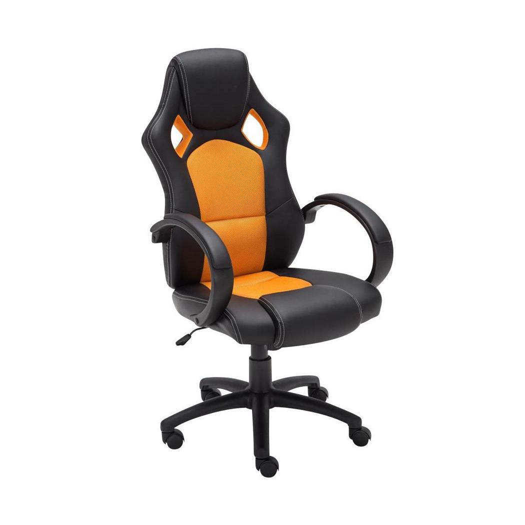 Gamingstuhl MONTMELO, spektakuläres sportliches Design, Leder- und Stoffbezug, Farbe Schwarz / Orange