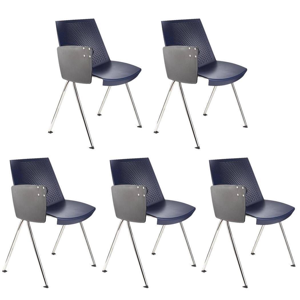 Im 5er-Set: Besucherstuhl ENZO MIT SCHREIBBRETT, bequem, praktisch und stapelbar, Farbe Blau