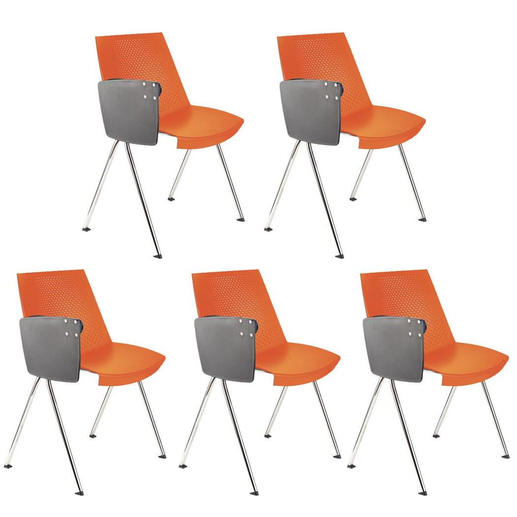 Im 5er-Set: Besucherstuhl ENZO MIT SCHREIBBRETT, bequem, praktisch und stapelbar, Farbe Orange