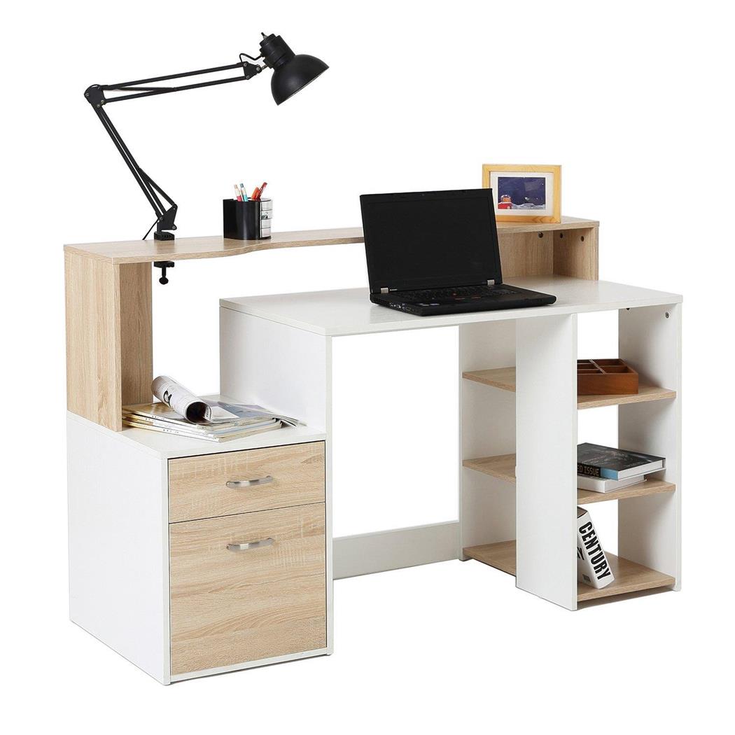 Bürotisch BOTINA, Schubladen und Regale, 140 x 55 x 92 cm, Holz, Farbe Weiß und Eiche