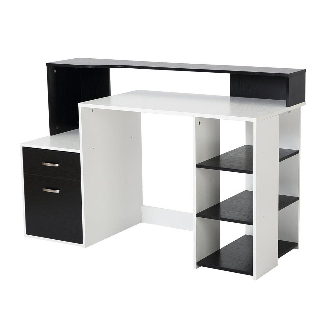Bürotisch BOTINA, Schubladen und Regale, 140 x 55 x 92 cm, Holz, Farbe Weiß und Schwarz