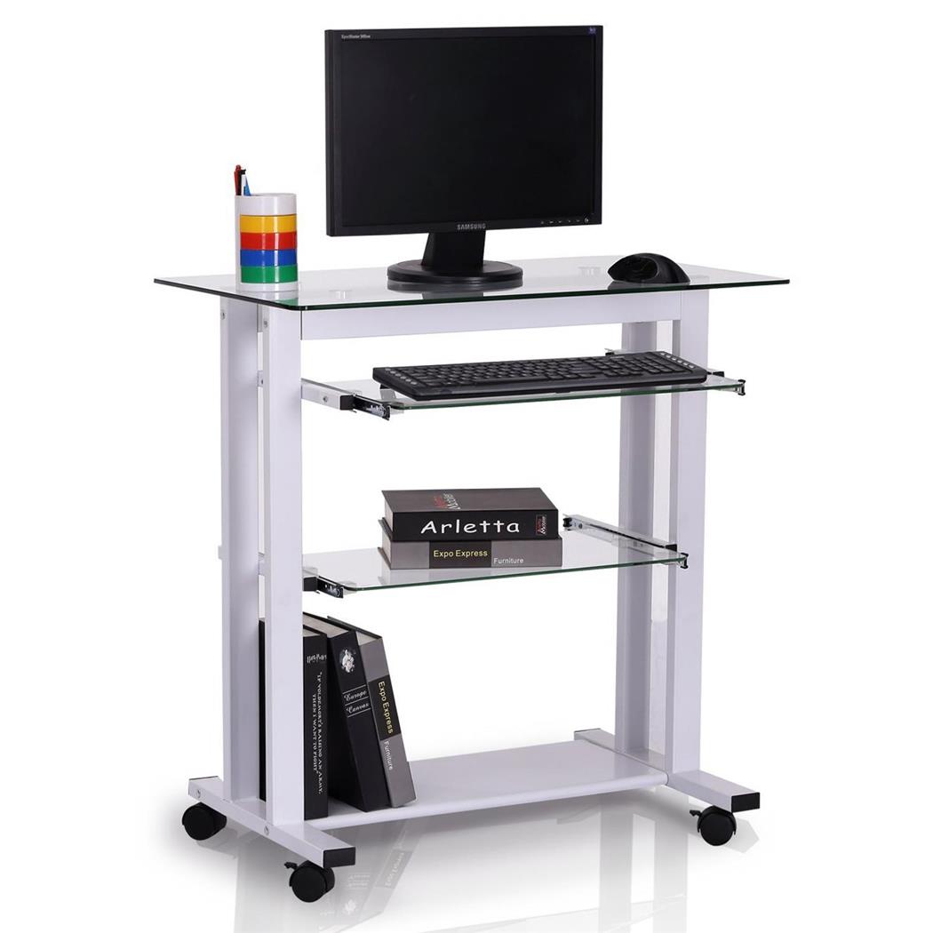 Computertisch TOKIN, Kompakt, 80x51x83 cm, Glas und Metall, Farbe Weiß