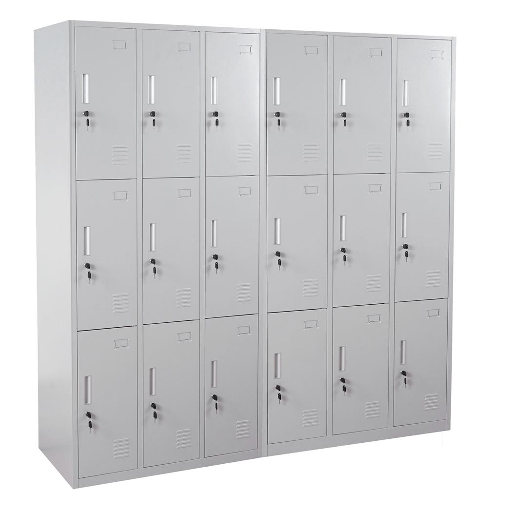 Schließfachschrank EVELIN, 18 abschließbare Fächer, 180x180x50 cm, Farbe Grau