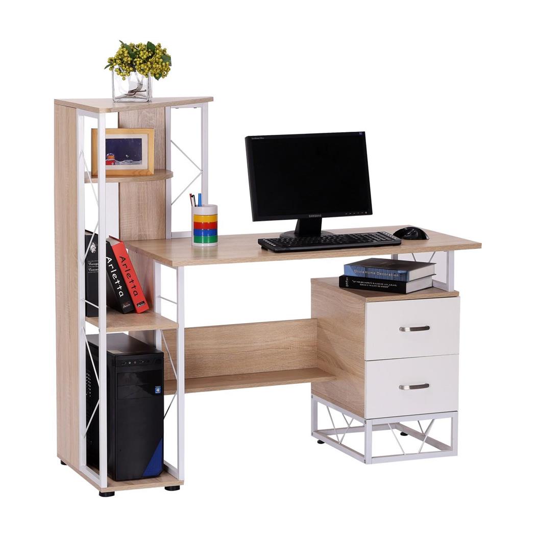 Bürotisch SILVANO, mit Schubladen und Ablagen, 133x55x123 cm, in Weiß und Eichenholz