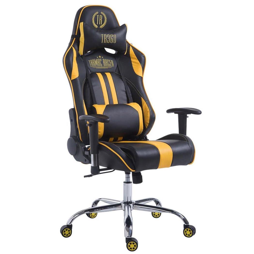 Gamingstuhl LOGAN LEDER, neigbare Rückenlehne, Nacken- & Lordosekissen, Farbe Schwarz/Gelb