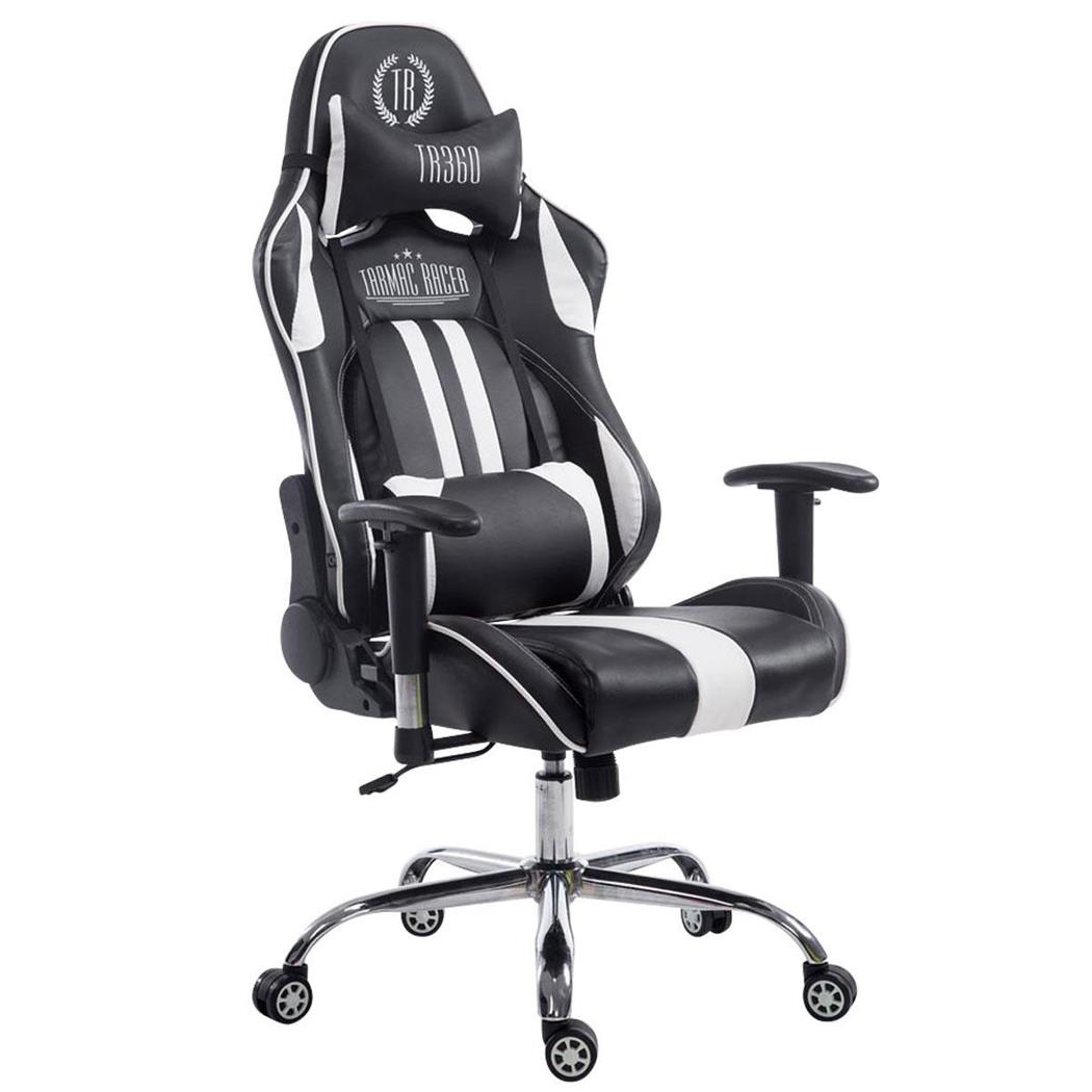 Gamingstuhl LOGAN LEDER, neigbare Rückenlehne, Nacken- & Lordosekissen, Farbe Schwarz/Weiß