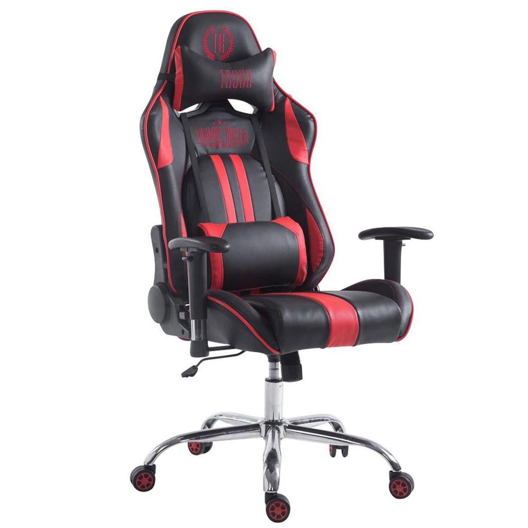Gamingstuhl LOGAN LEDER, neigbare Rückenlehne, Nacken- & Lordosekissen, Farbe Schwarz/Rot