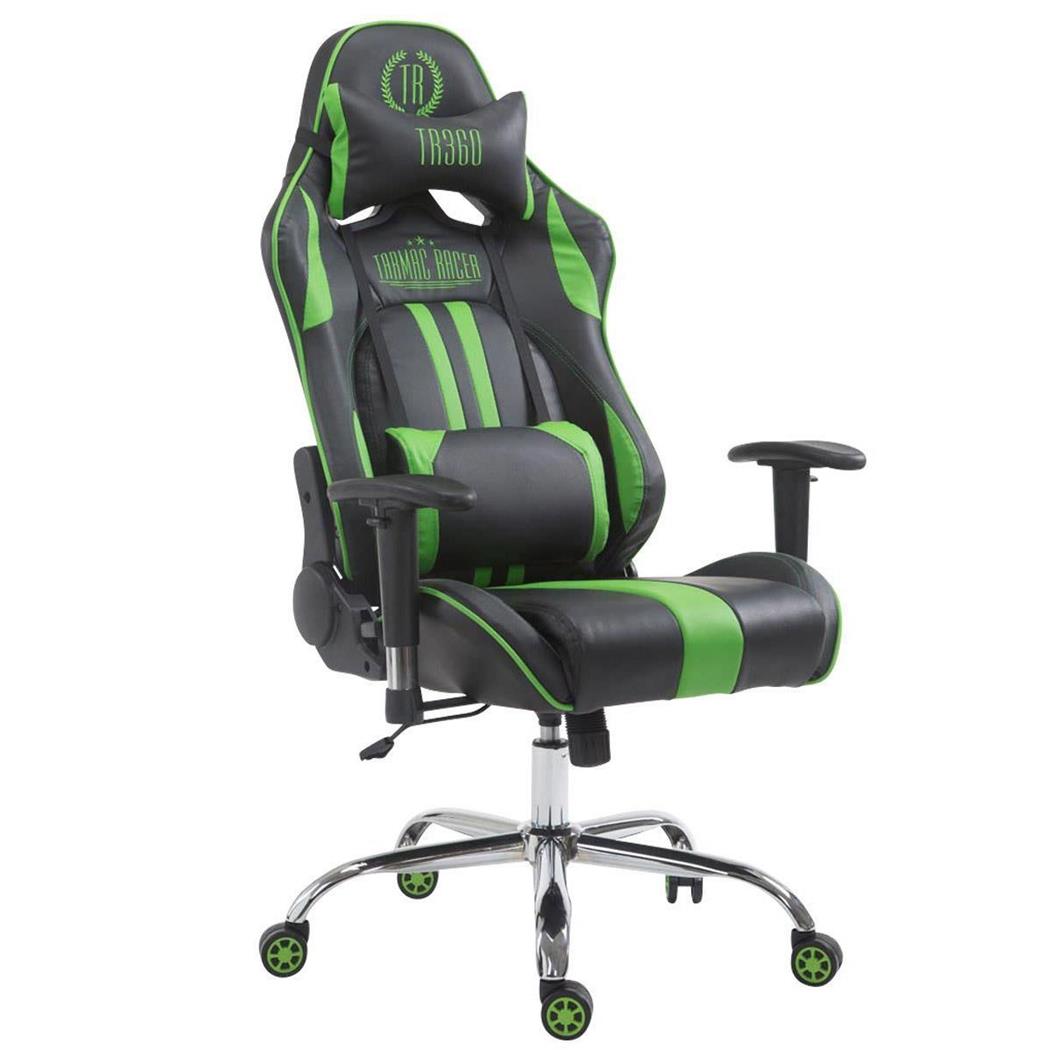 Gamingstuhl LOGAN LEDER, neigbare Rückenlehne, Nacken- & Lordosekissen, Farbe Schwarz/Grün