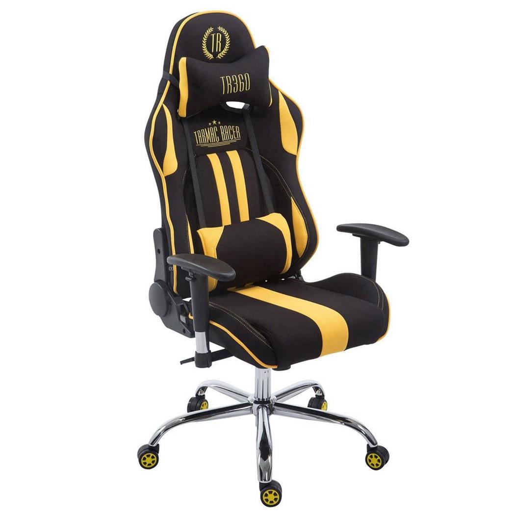 Gamingstuhl LOGAN STOFF, neigbare Rückenlehne, Nacken- & Lordosekissen, Farbe Schwarz/Gelb