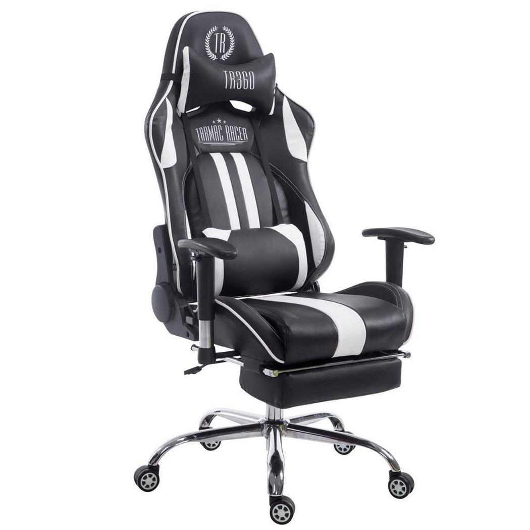 Gamingstuhl LOGAN LEDER mit Fußablage, neigbare Rückenlehne, Nacken- & Lordosekissen, Farbe Schwarz/Weiß