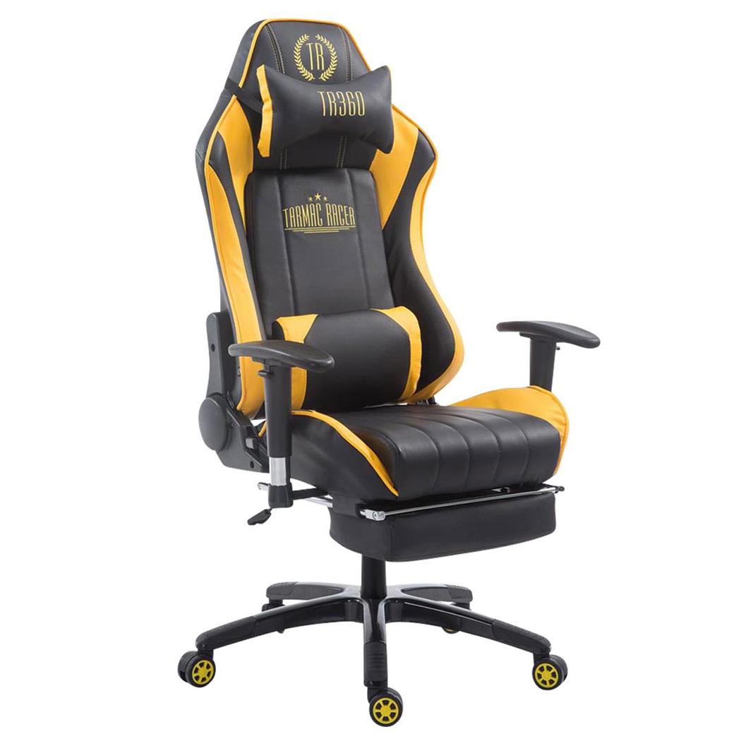 Gaming-Stuhl TURBO LEDER mit Fußablage, neigbare Rückenlehne, Nacken- und Lordosekissen, Farbe Schwarz / Gelb