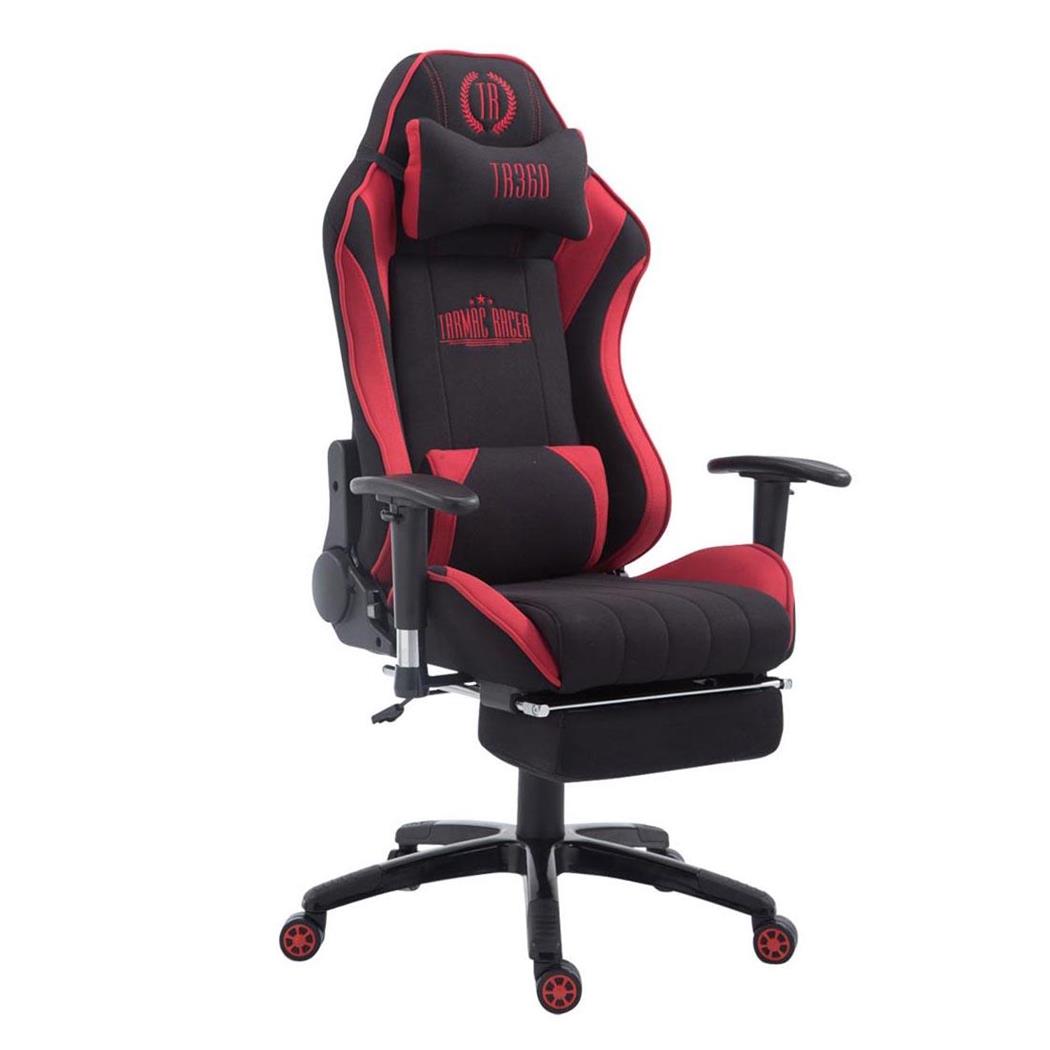 Gaming-Stuhl TURBO STOFF mit Fußablage, neigbare Rückenlehne, Nacken- und Lordosekissen, Farbe Schwarz / Rot