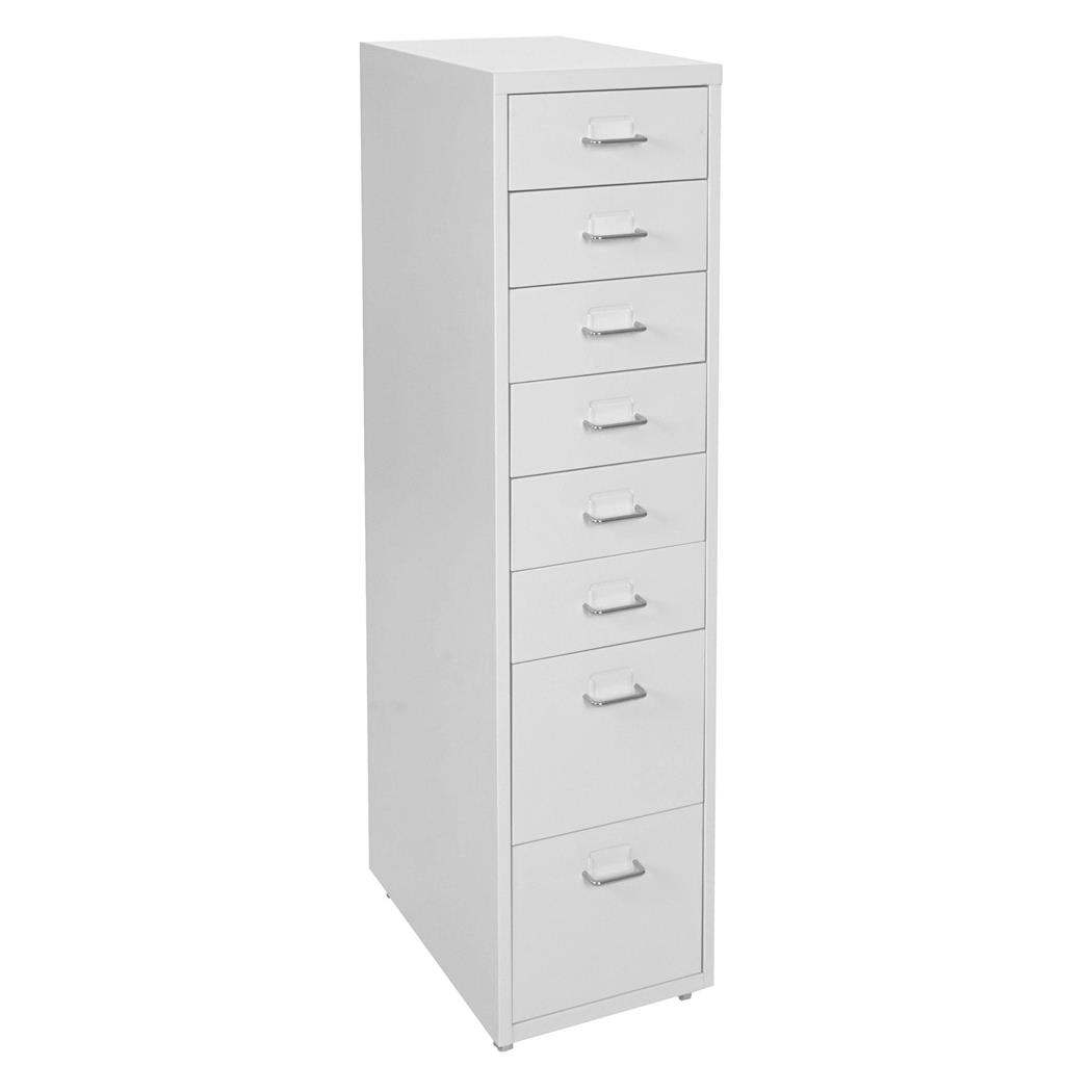 Rollcontainer HUTE, Büroschrank, 8 Schubladen, 109x28x44 cm, Stahlblech, Farbe Weiß