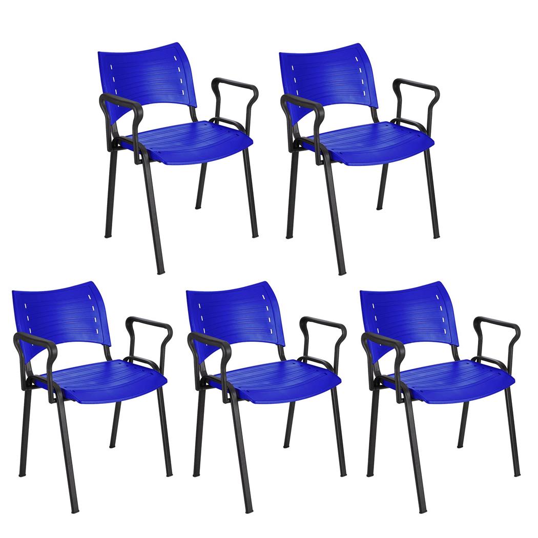 Im 5er-Set: Besucherstuhl ELVA B MIT ARMLEHNEN, stapelbar und sehr praktisch, schwarze Stuhlbeine, Farbe Blau