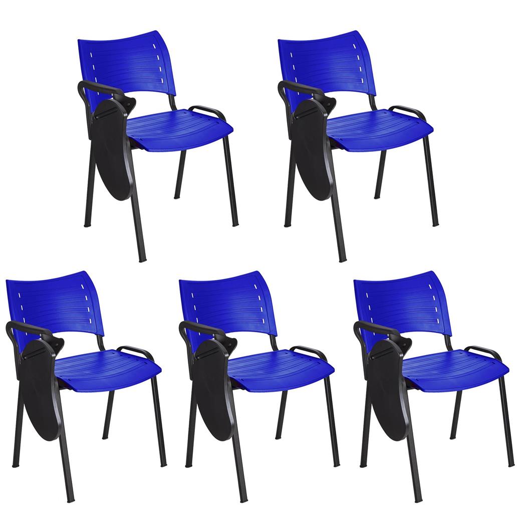 Im 5er-Set: Besucherstuhl ELVA B MIT SCHREIBBRETT, stapelbar und sehr praktisch, schwarze Stuhlbeine, Farbe Blau