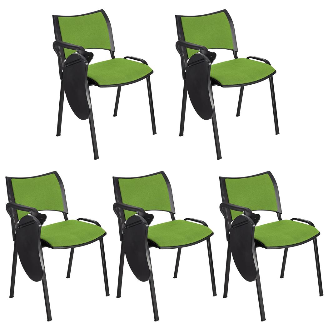 Im 5er-Set: Besucherstuhl ROMEL MIT SCHREIBBRETT, bequeme Polsterung, stapelbar, schwarze Stuhlbeine, Farbe Limettengrün