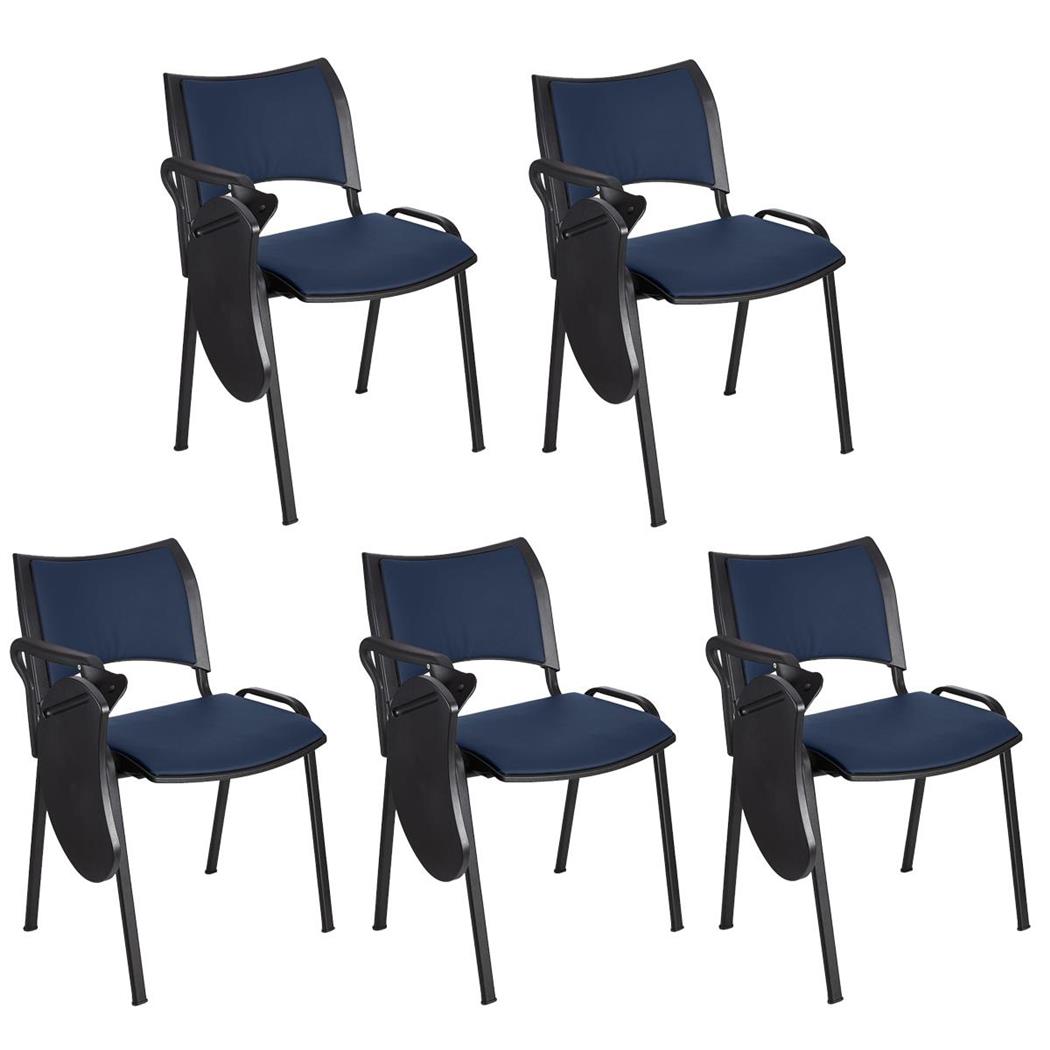 Im 5er-Set: Besucherstuhl ROMEL LEDER MIT SCHREIBBRETT, bequeme Polsterung, stapelbar, schwarze Stuhlbeine, Farbe Dunkelblau