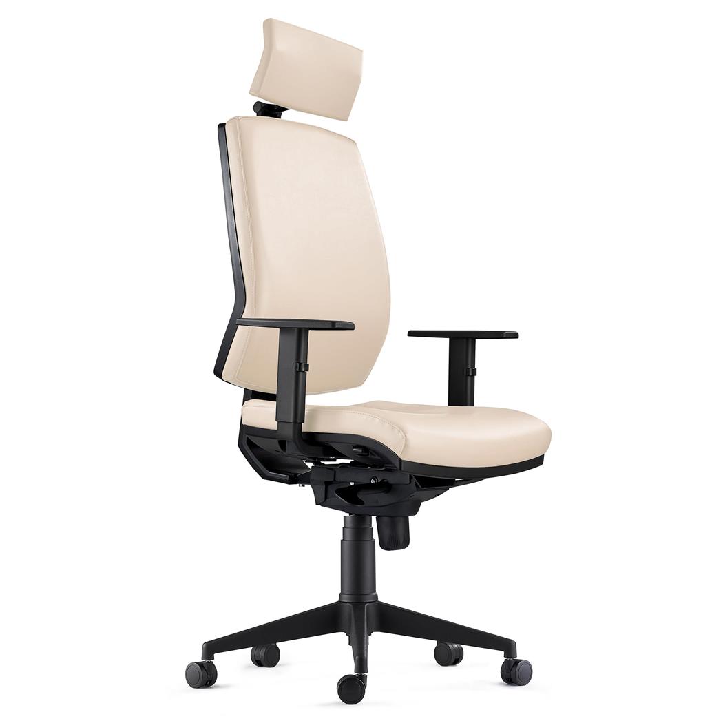 Ergonomischer Bürostuhl OLIVER LEDER mit Kopfstütze, 8h-Nutzung, dicke Polsterung, Farbe Beige
