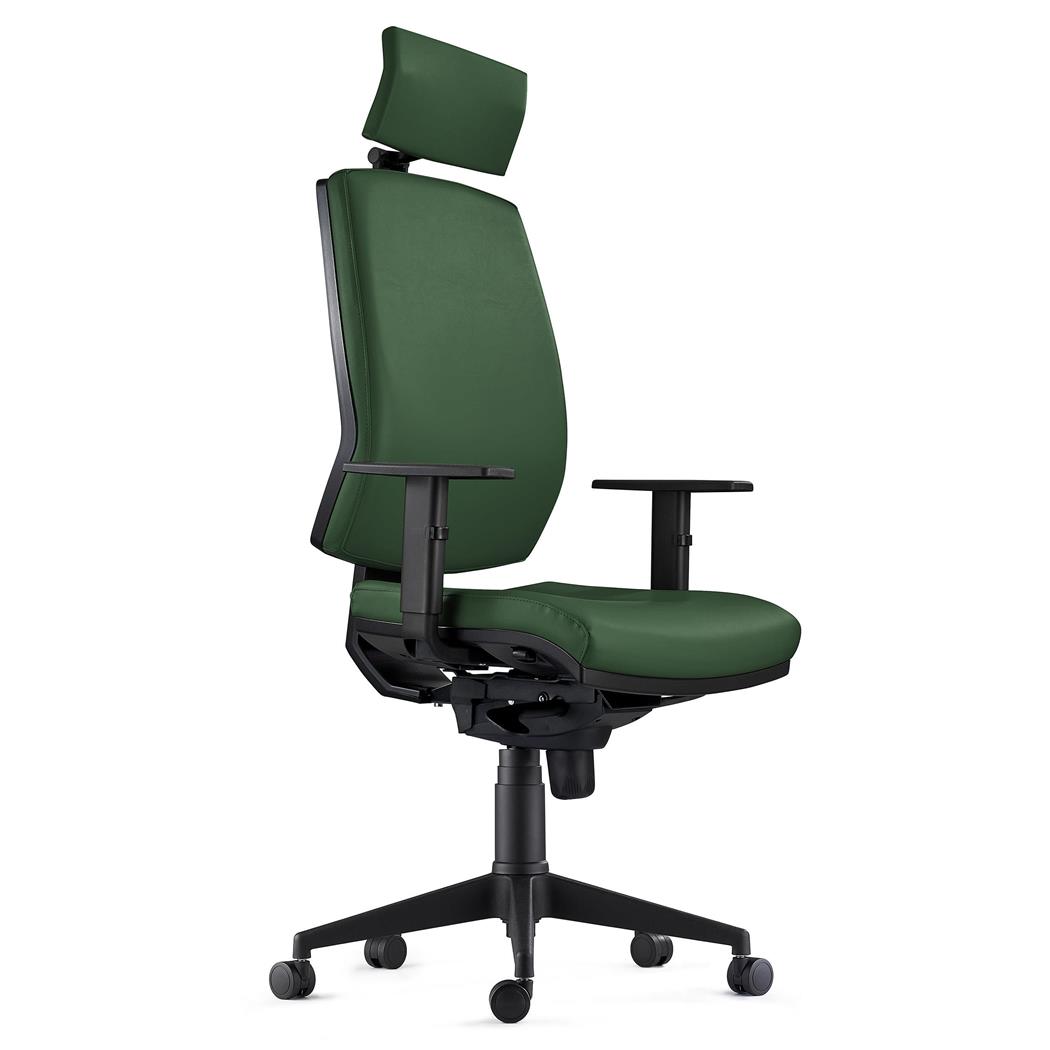 Ergonomischer Bürostuhl OLIVER LEDER mit Kopfstütze, 8h-Nutzung, dicke Polsterung, Farbe Grün