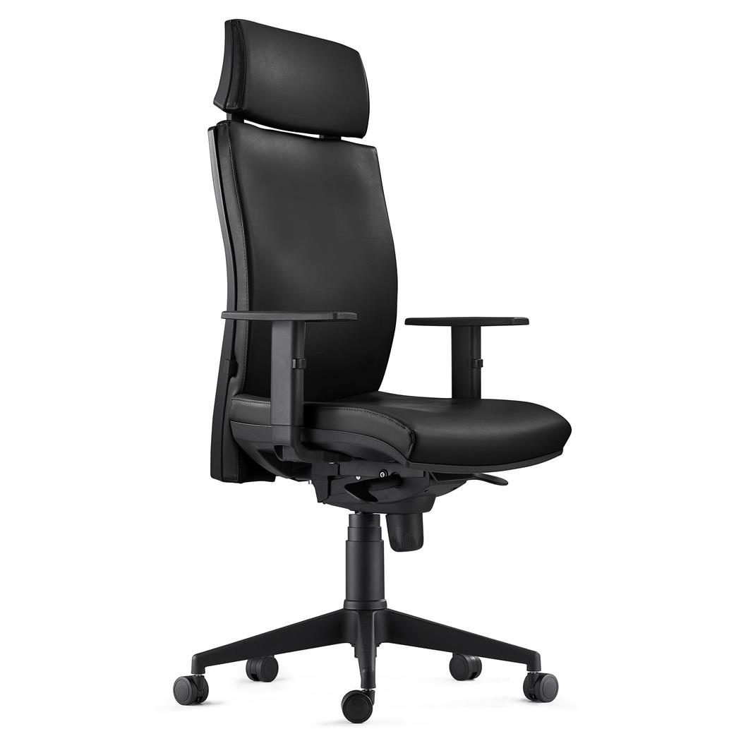Ergonomischer Bürostuhl MARVEL LEDER, Kopf- und Lordosenstütze, Farbe Schwarz