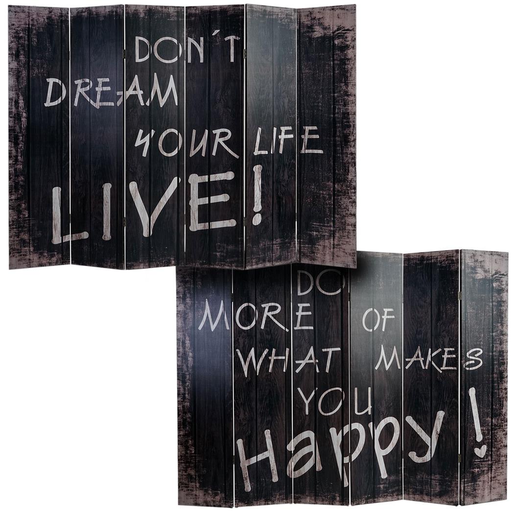Bürowandschirm VINTAGE WORDS, 6-Panel-Faltwand, 180x240x2,5cm, mit Holzrahmen