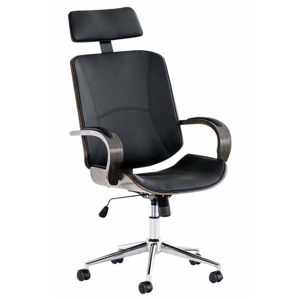 Chefsessel JUTTA, große Polsterung, elegantes Design in grauem Holz und Leder, Farbe Schwarz