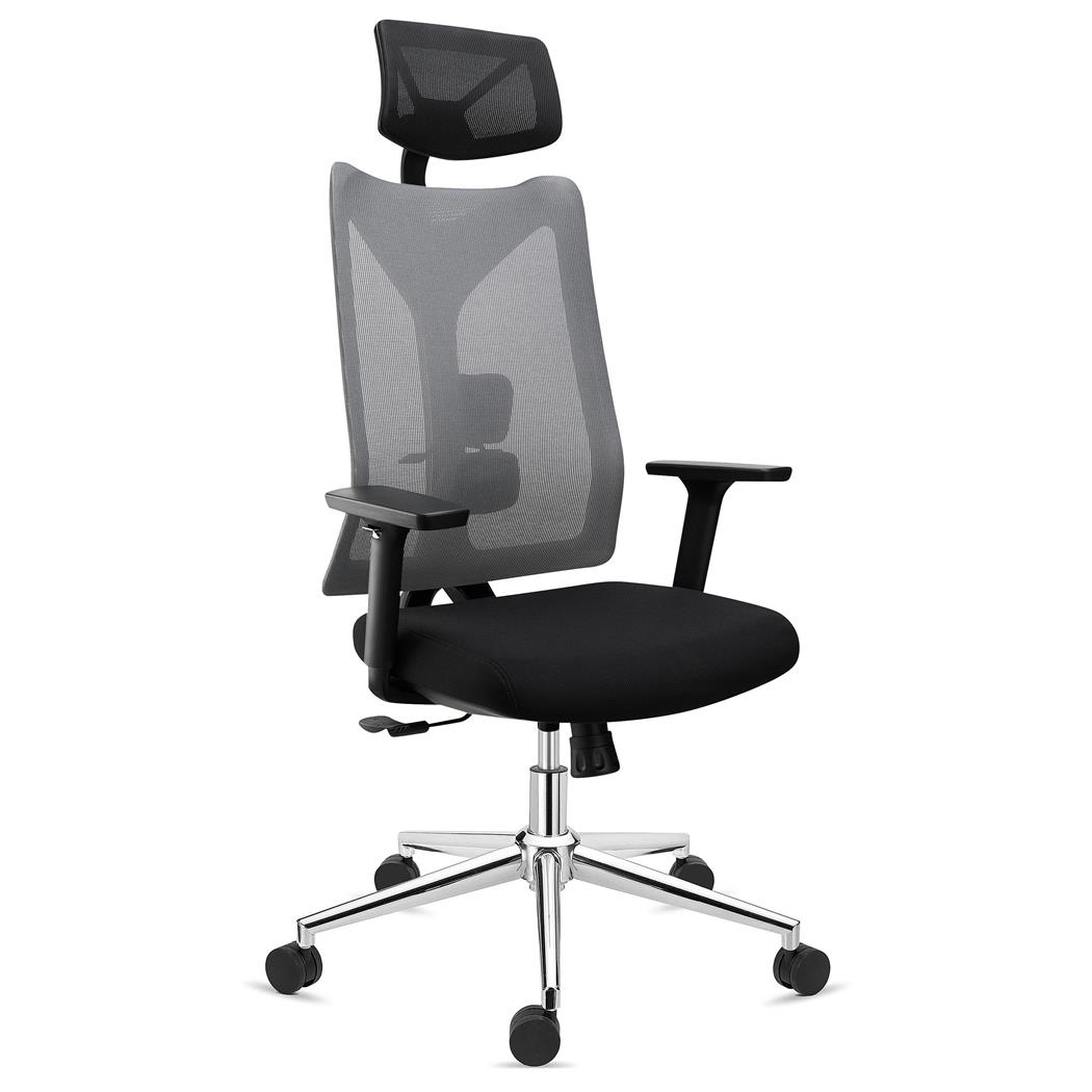 Ergonomischer Bürostuhl ADARA mit Kopfstütze, 8h-Nutzung, 3D-Armlehnen, Farbe Grau