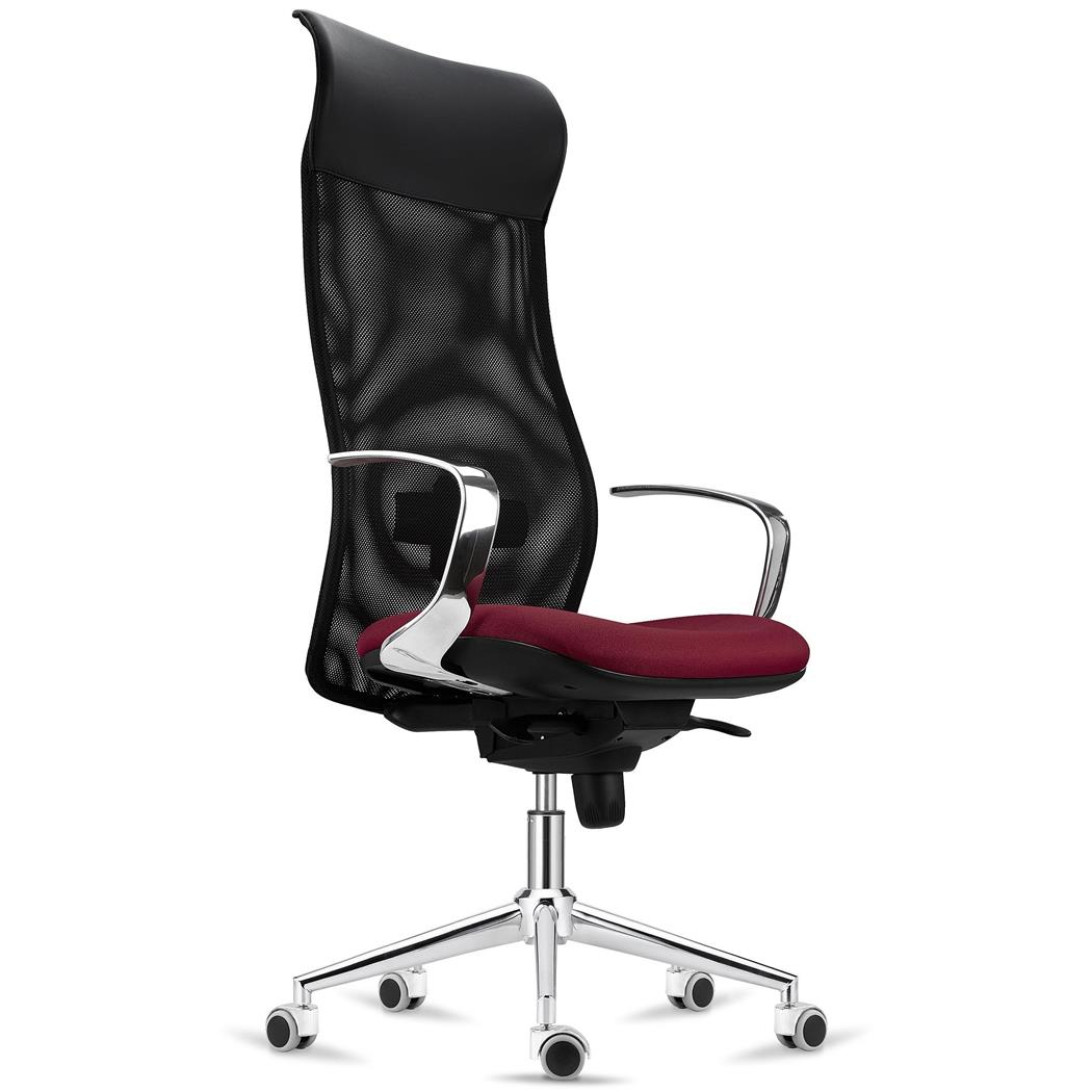 Ergonomischer Stuhl YEDA, hohe Rückenlehne, modernes Design, 8h-Nutzung, Netzbezug, Farbe Burgunder
