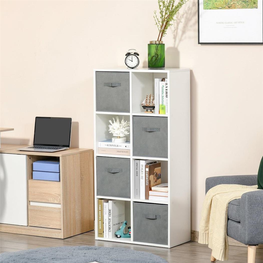 Bücherregal COLORADO, 8 kubische Fächer, 4 herausnehmbare Schubladen, 61,5x30x121,6 cm, Holz, Farbe Weiß/ Grau