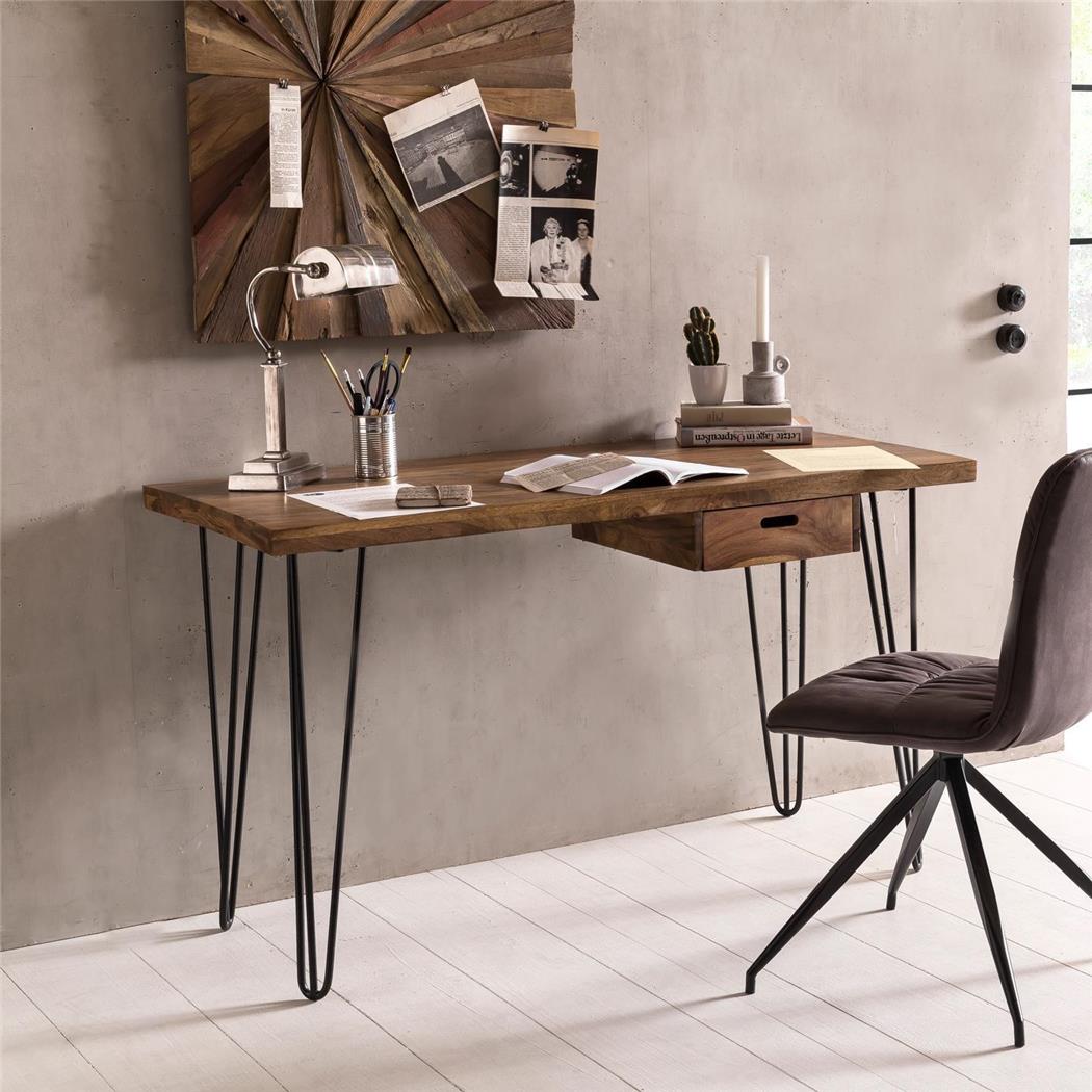 Schreibtisch GAMBIA, 130x60x76cm, Industrial Style, mit Schublade, Massivholz und Metall