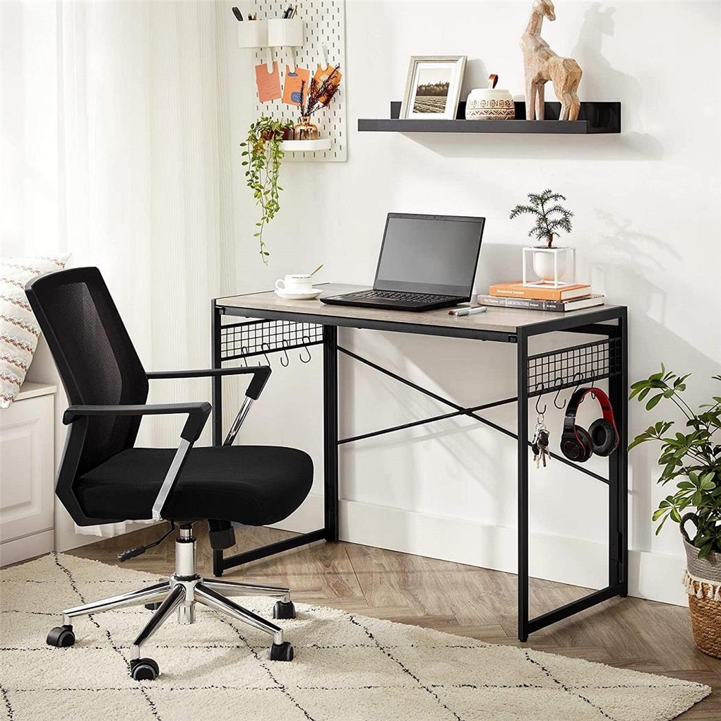 Bürotisch GANTON, Abmessungen 100x50x76,5 cm, Industrielles Design, zusammenklappbar, Metall mit Holz, Farbe Schwarz/ Natur Grau
