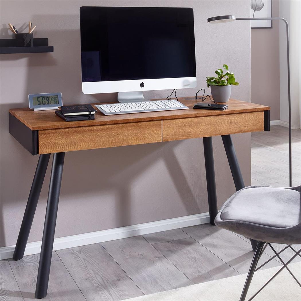 Bürotisch JUPITER, Abmessungen 120x50x76 cm, exklusives Design, integrierte Multimedia-Leiste, Holz, Farbe Eiche