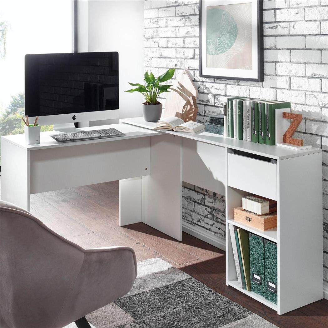 Eckschreibtisch EMPIRE, 145x106x76 cm, 2 Module mit Regal und Schublade, Holz, Farbe Weiß