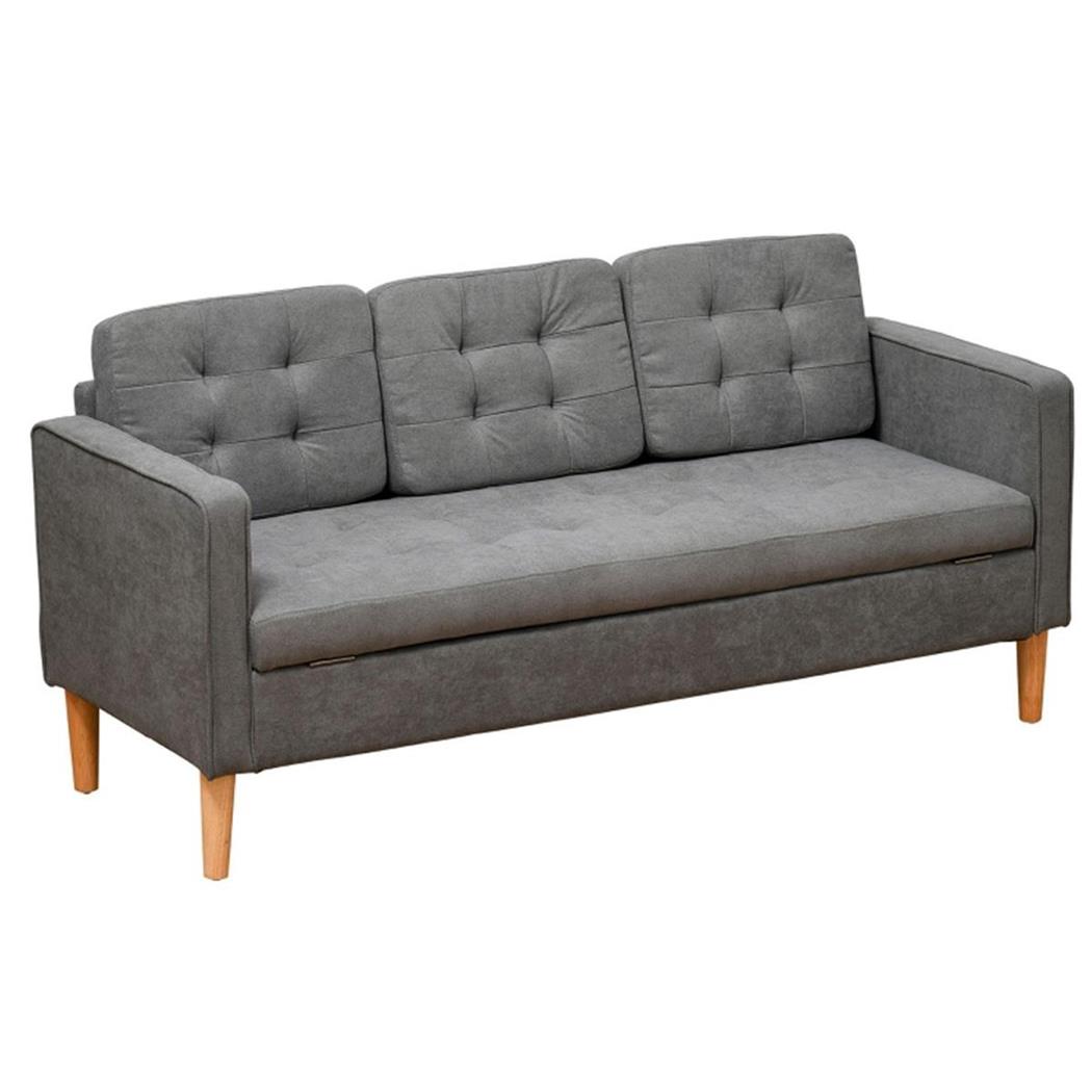 Sofa AMALFI, Dreisitzer mit Behälter, Holzbeine, grauer Stoff