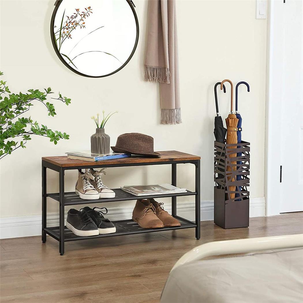 Schuhregal MAKAYLA, Sitzbank mit Stauraum, Maße 80x30x44 cm , industrieller Stil, Holz und Metall, Farbe Rustik