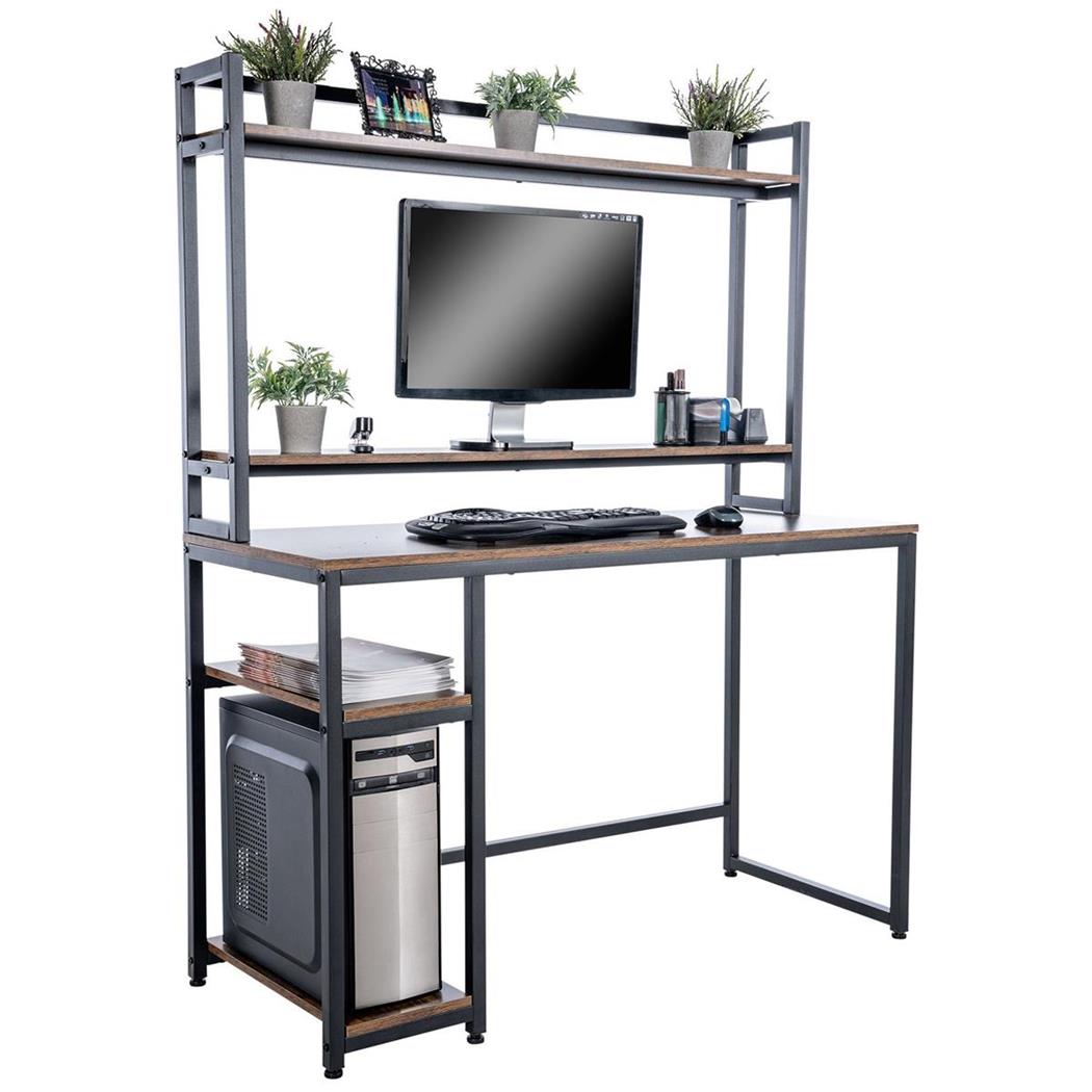Bürotisch BILLUND, Abmessungen 120x150x50cm, mit praktischem Regal, industrielles Design, Metallstruktur mit Holz, Farbe Rustik