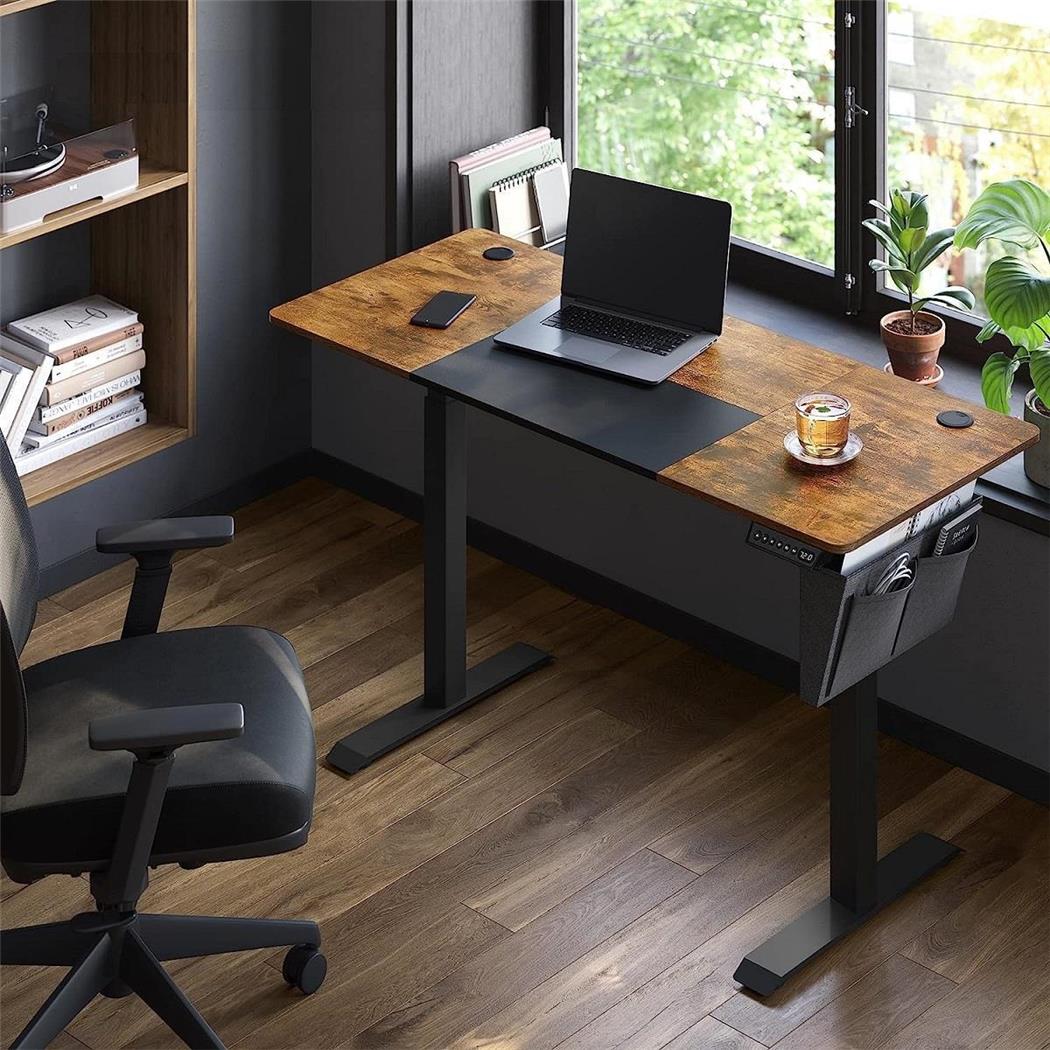 Bürotisch CLOSEN, 140x60 cm, höhenverstellbar, Ablagefach, Farbe Walnuss / Schwarz