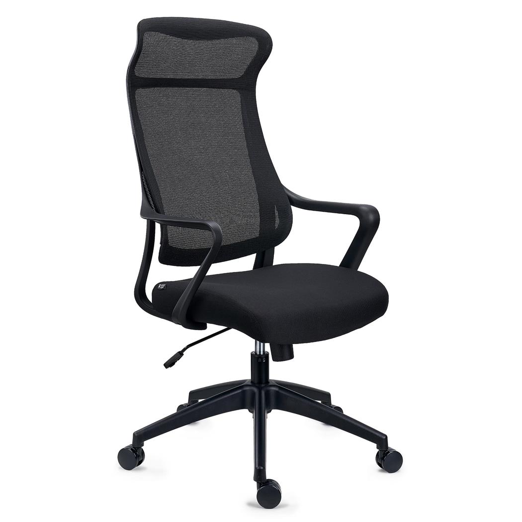 Bürostuhl VIRGO, modernes Design, integrierte Kopfstütze, Rückenlehne aus Netzstoff, Farbe Schwarz