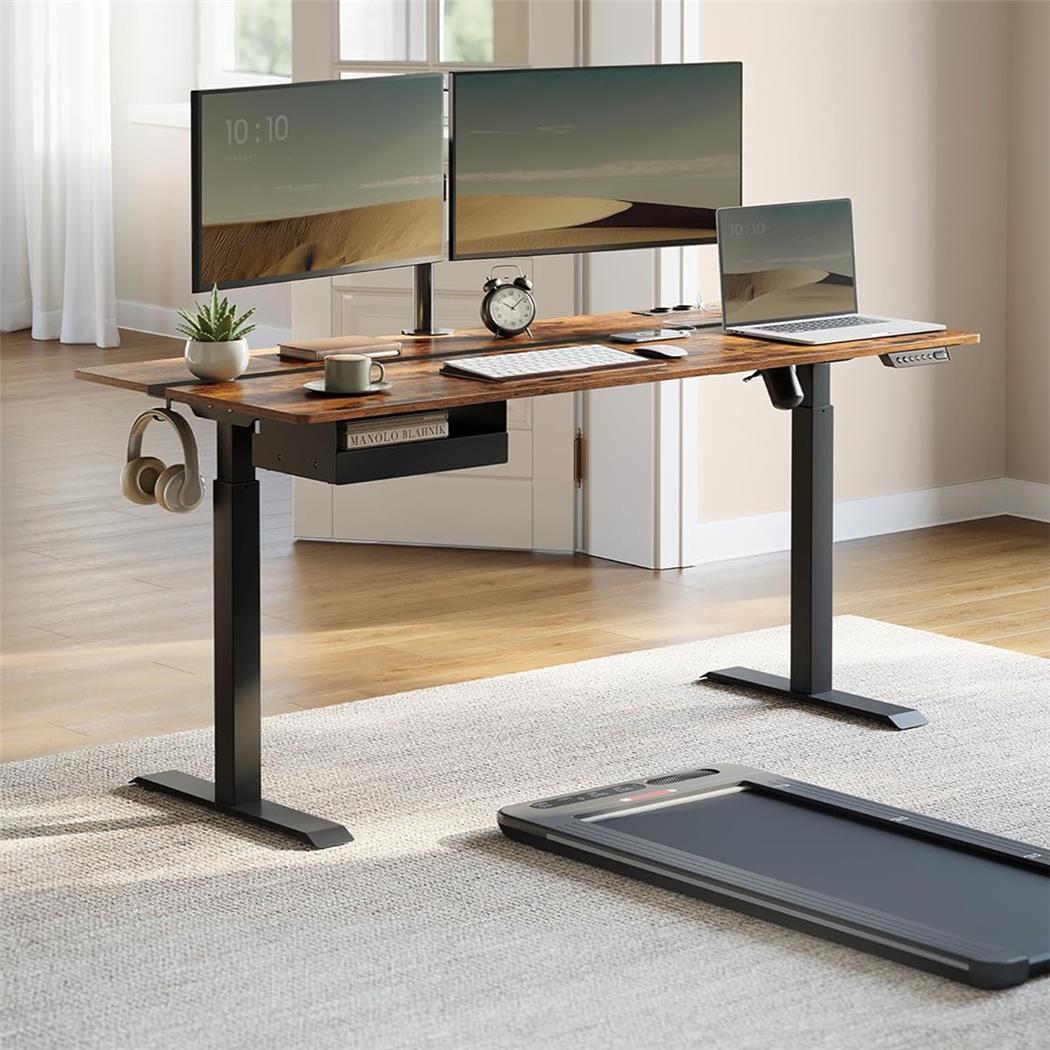 Höhenverstellbarer Schreibtisch EVEREST, 70 x 160 x (72-120) cm, Schublade, Metallgestell, Walnuss und Schwarz