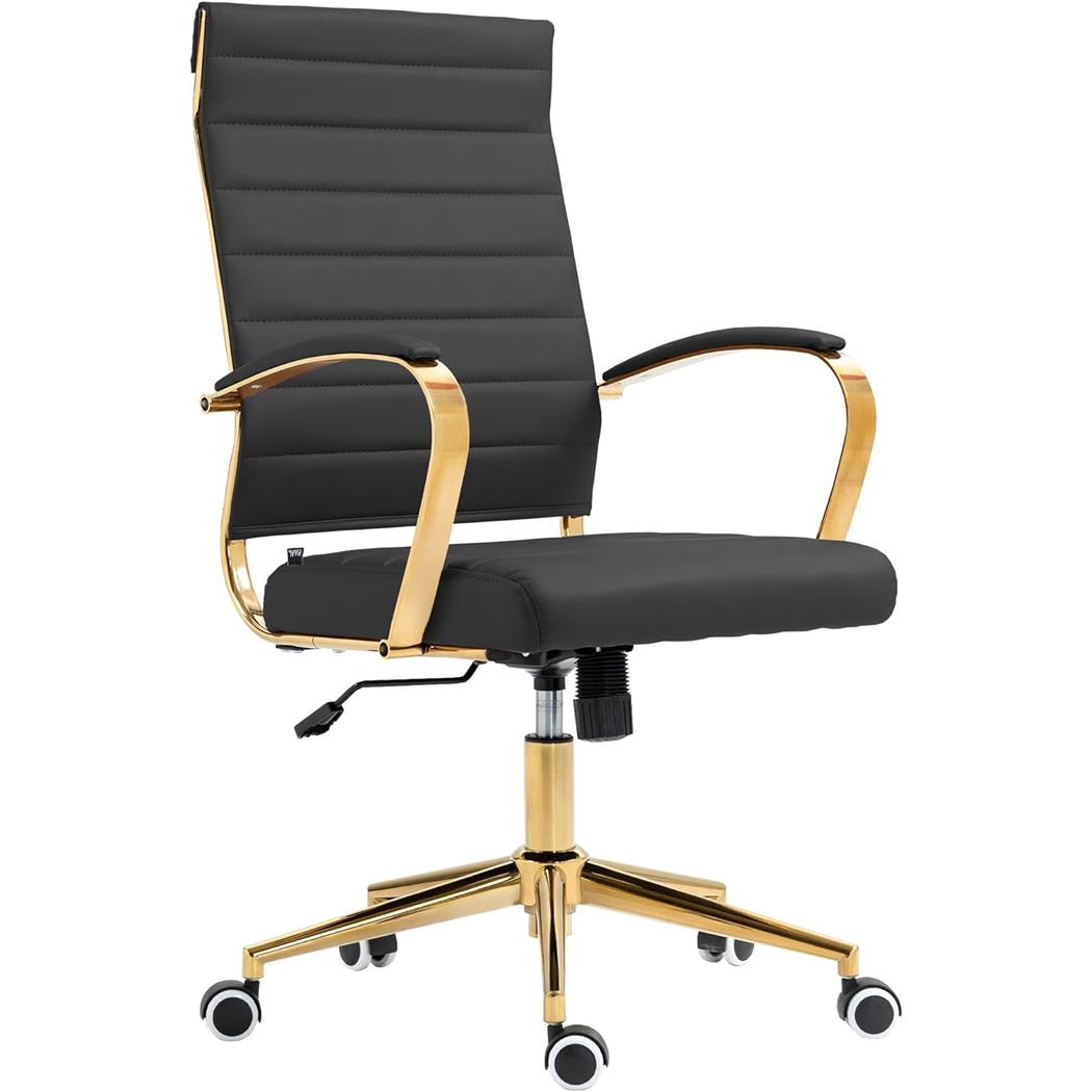 Bürostuhl KENNETH, elegantes Design, goldfarbene Metallstruktur, Kunstleder, Farbe Schwarz