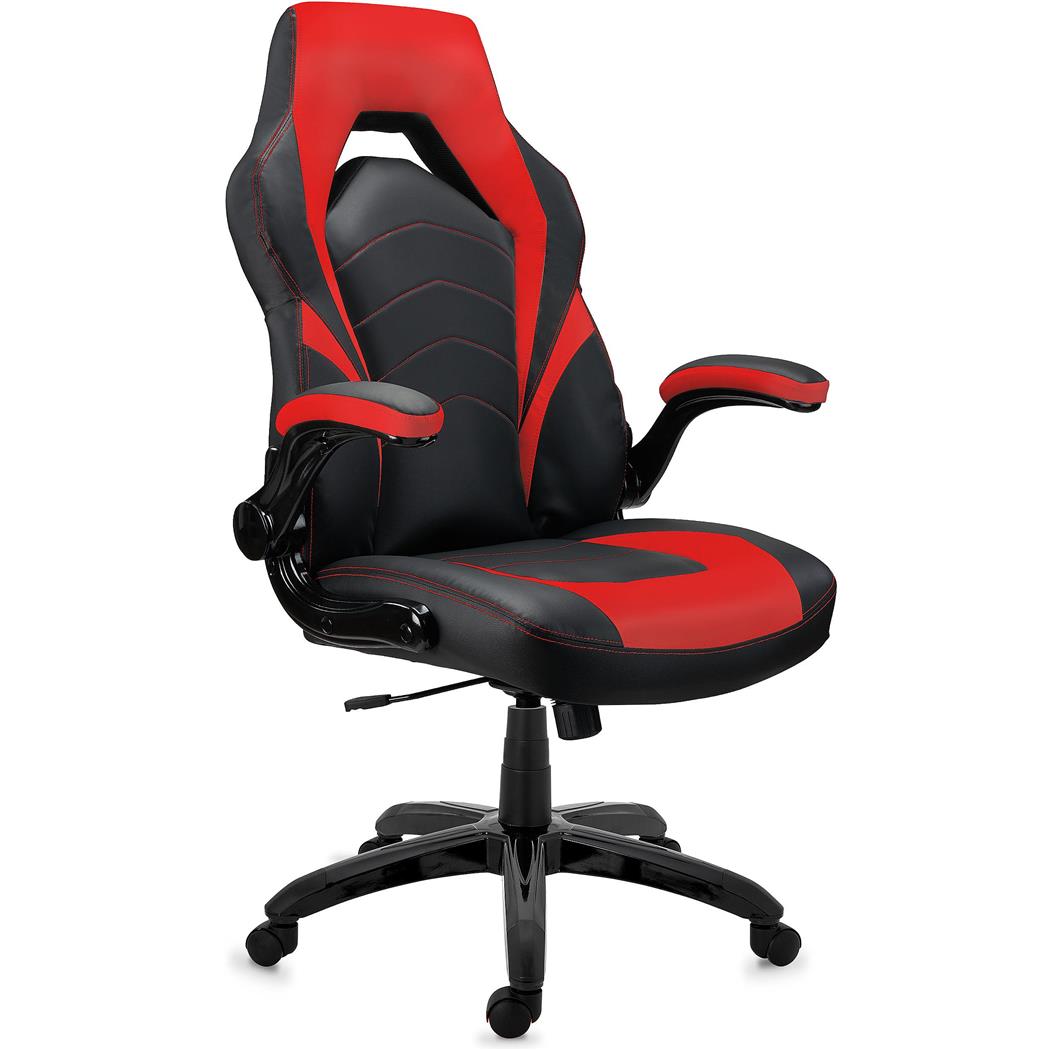 DEMO# Gaming-Stuhl NITRO, dicke Polsterung, klappbare Armlehnen, Lederbezug, Farbe Schwarz / Rot