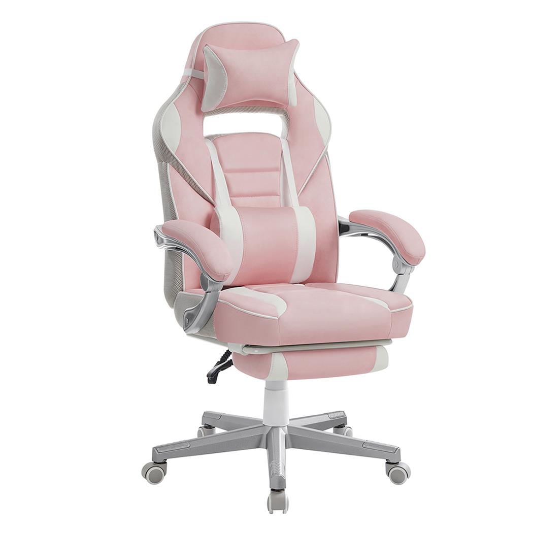 Gaming-Stuhl ROBIN, mit ausziehbarer Fußstütze, Nacken- und Lordosenkissen, Kunstleder, Farbe Weiß/ Rosa