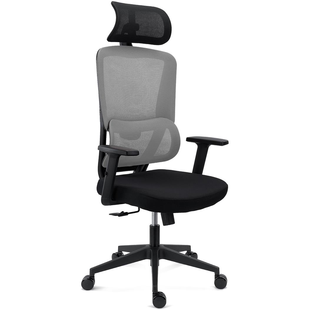 Ergonomischer Bürostuhl SUPRA mit Kopf- und Lordosenstütze, Netzstoff-Rückenlehne, Farbe Grau