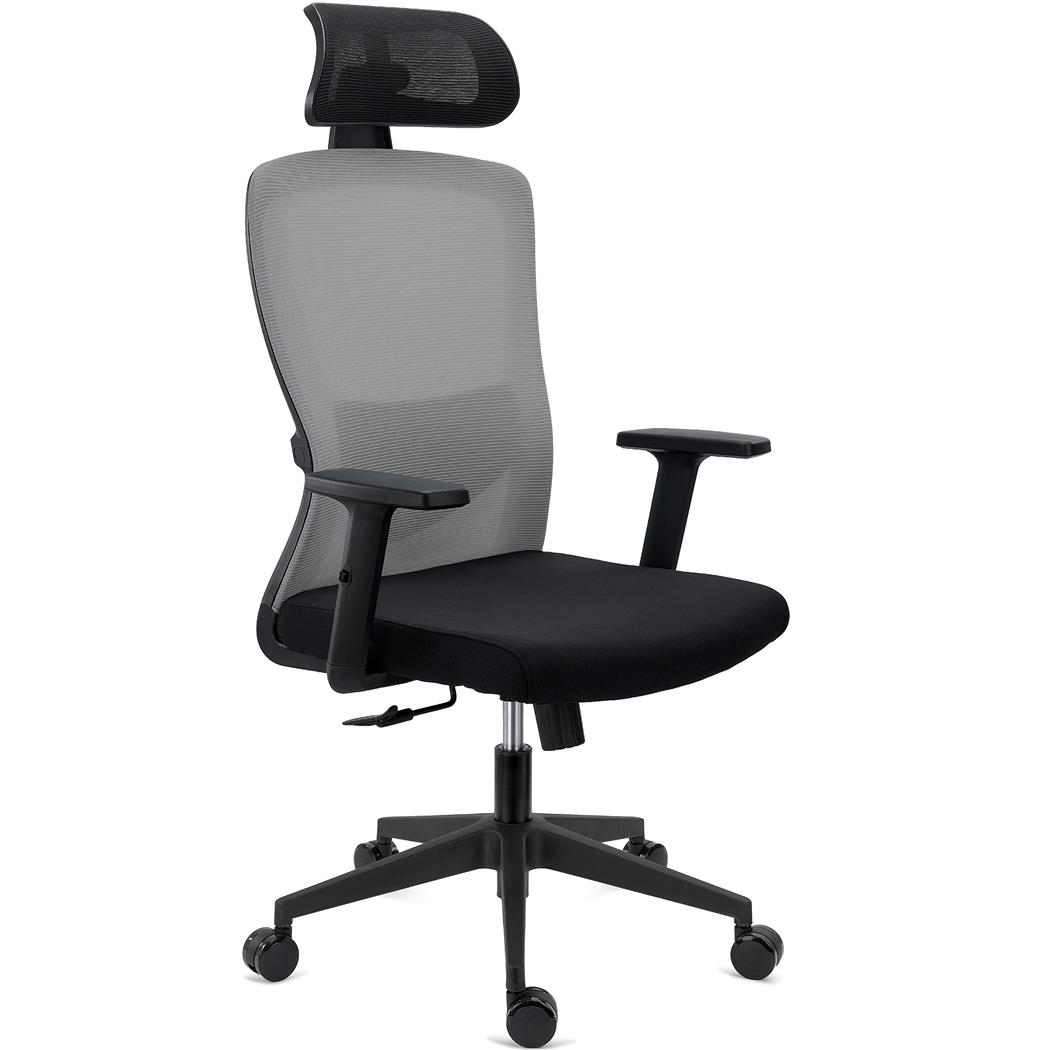 Ergonomischer Bürostuhl NOTE PRO, 8h Nutzung, verstellbare Lordosenstütze, Kopfstütze,  Netzstoff und Stoff, Grau