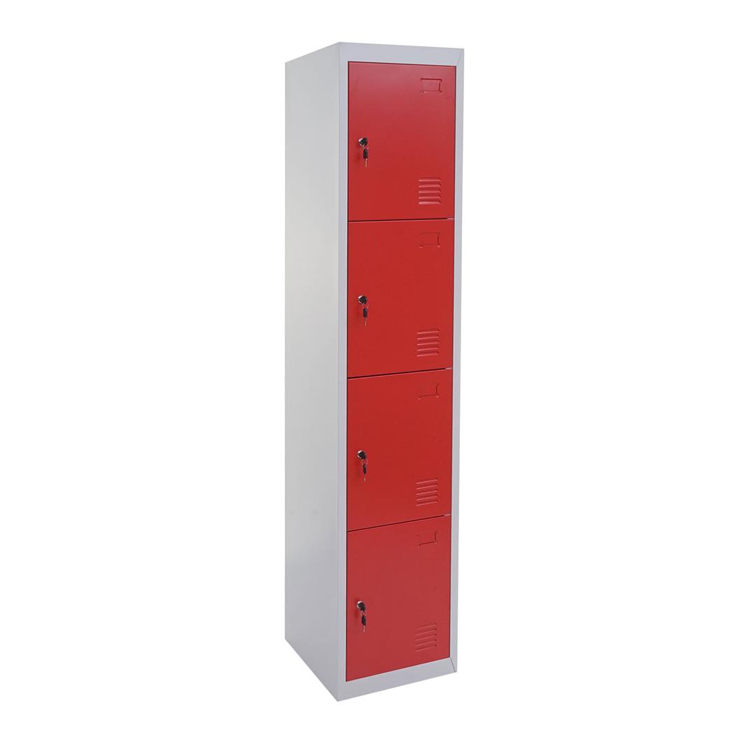 Schließfachschrank HILDUR, Metallspind 180x38x45 cm, 4 Türen mit Schloss, Farbe Rot
