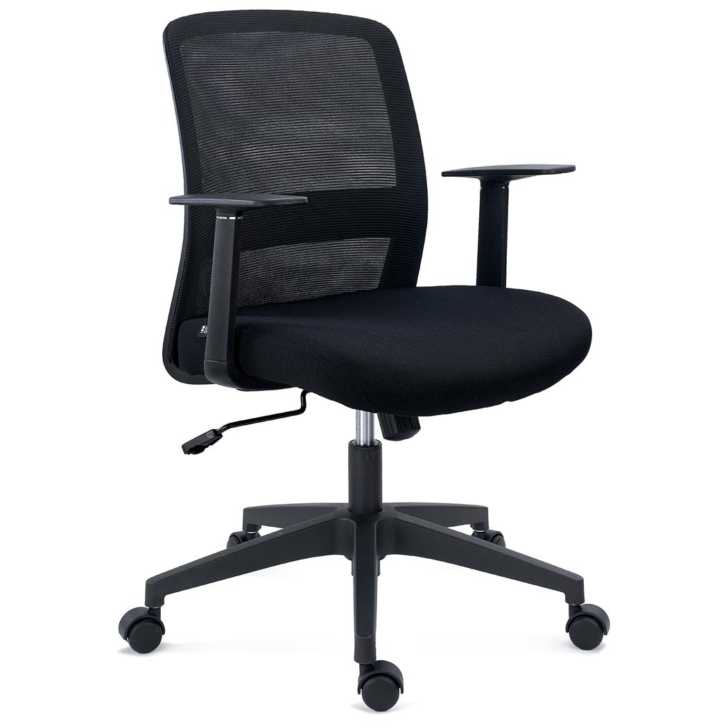 DEMO# Ergonomischer Bürostuhl YOSEMITE, Wippmechanik, Lordosenstütze, Stoff und Netzstoff, Farbe Schwarz