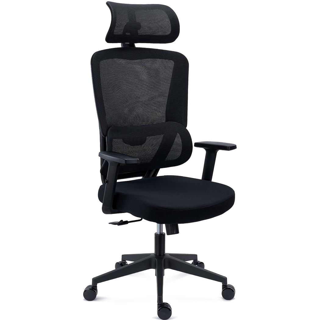 DEMO# Ergonomischer Bürostuhl SUPRA mit Kopf- und Lordosenstütze, Netzstoff-Rückenlehne, Farbe Schwarz