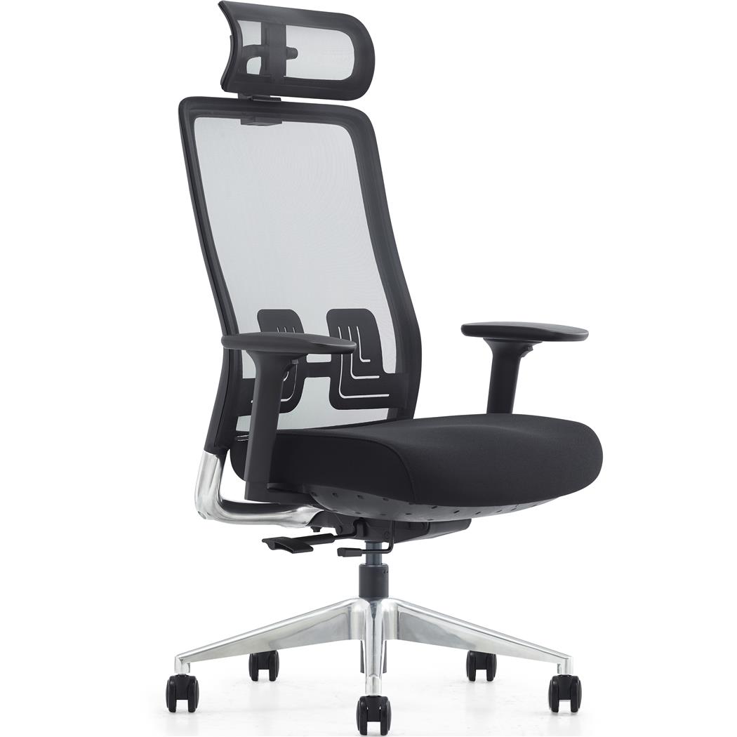 Ergonomischer Bürostuhl EVORA, komfortable, exklusives Design, Kopfstütze, Details aus Aluminium, Netzstoff, Schwarz 
