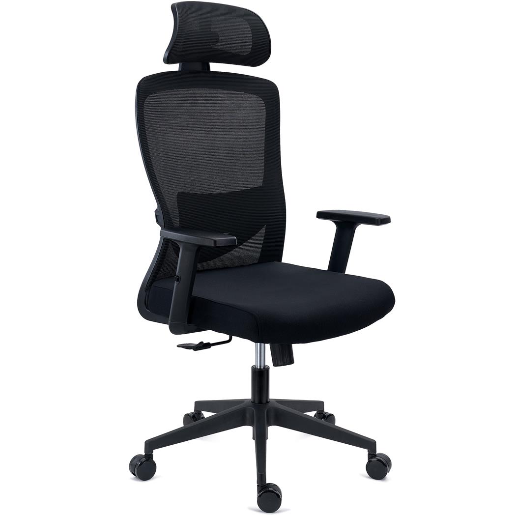 DEMO# Ergonomischer Bürostuhl NOTE PRO, 8h Nutzung, verstellbare Lordosenstütze, Kopfstütze,  Netzstoff und Stoff, Schwarz